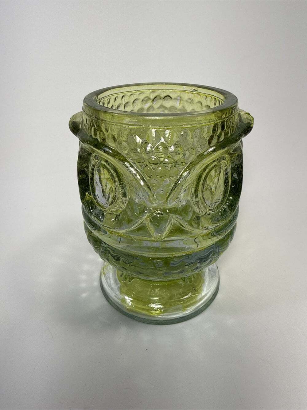 Vintage Yellow/ Green Glass Owl Candle Holder Votive Light MCM B1